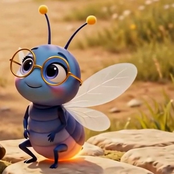 Lumi, a navy firefly with round gold glasses and a warm glowing tail