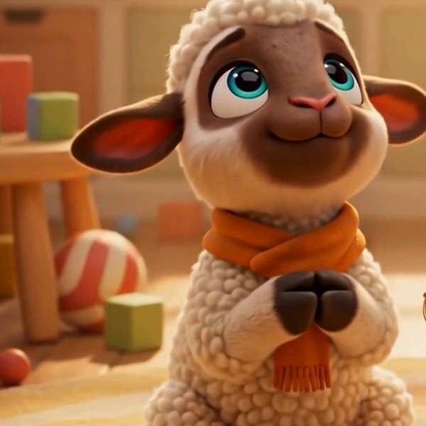 Pip, a cream curly-fleece lamb with an orange scarf, smiling